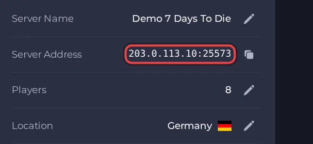 The Server Address row on the Overview page of a 7 Days to Die server