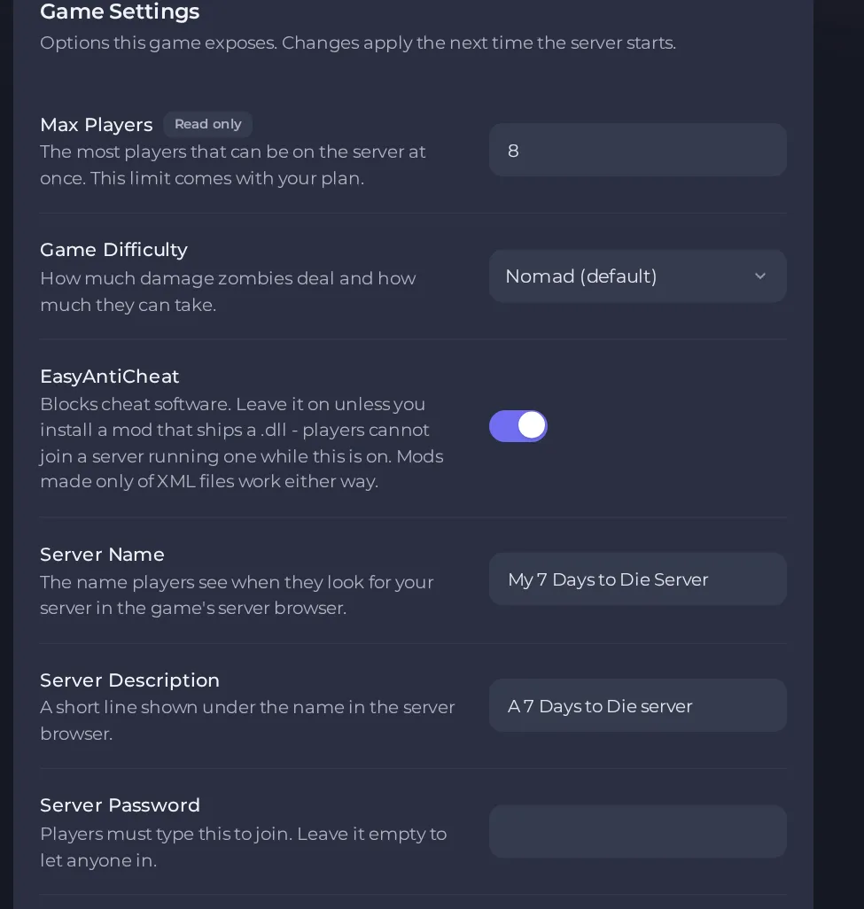 The Game Settings page of a 7 Days to Die server in the panel