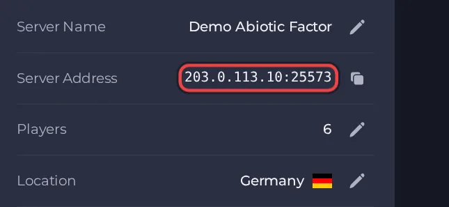 The Server Address row on the Overview page of an Abiotic Factor server