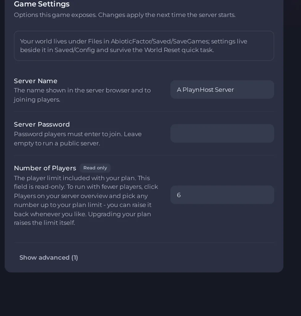 The Game Settings page of an Abiotic Factor server in the panel