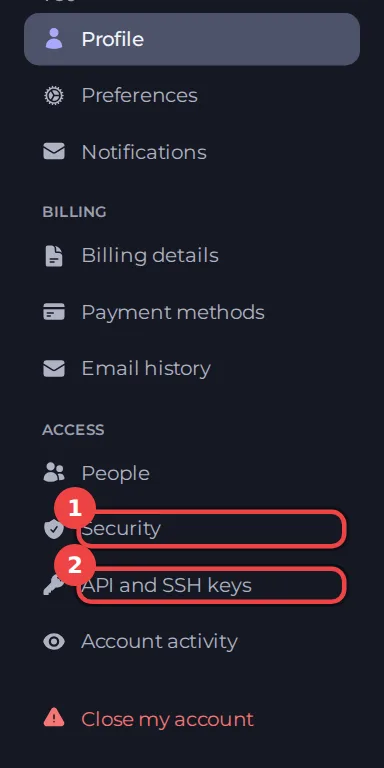 The Account menu with API and SSH keys highlighted