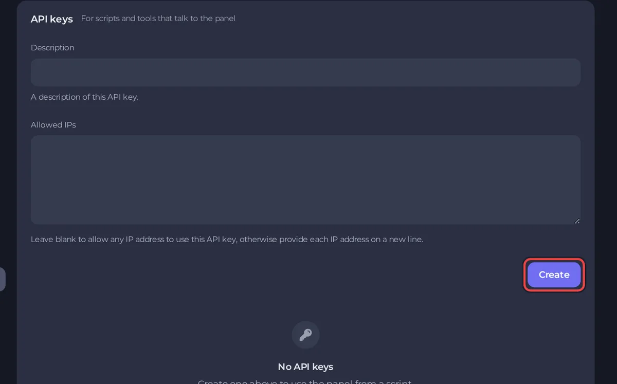 The API keys form with a description, the allowed IPs box and the Create button