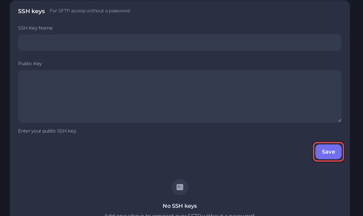 The SSH keys form with a name, the public key box and the Save button