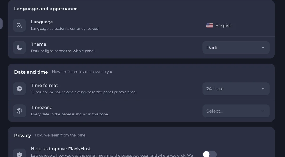 The preferences page with language, theme, time format, time zone and the privacy option