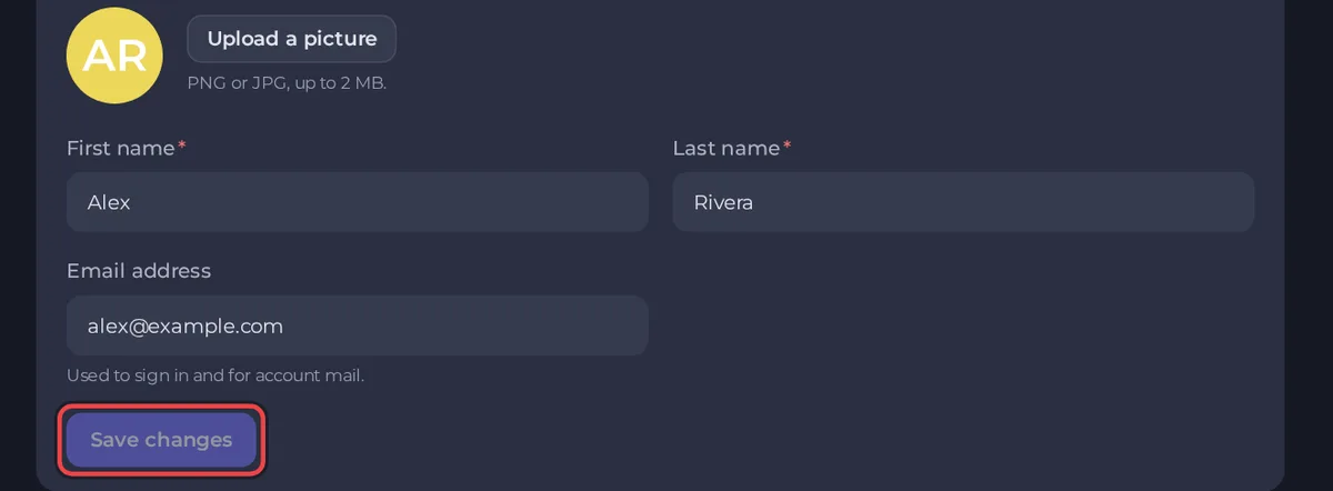 The profile page with the picture upload, first name, last name and email address