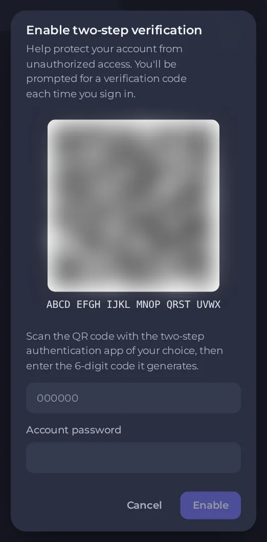 The Enable two-step verification window with the QR code, the 6-digit code field and the account password field