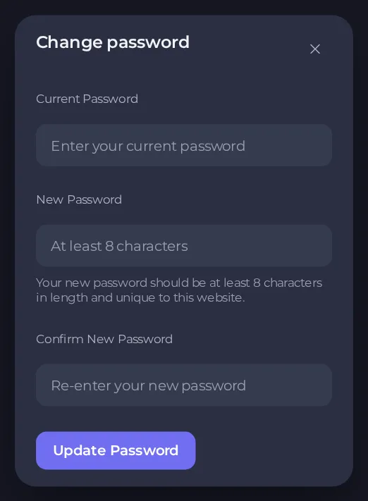 The Change password window with current password, new password and confirmation