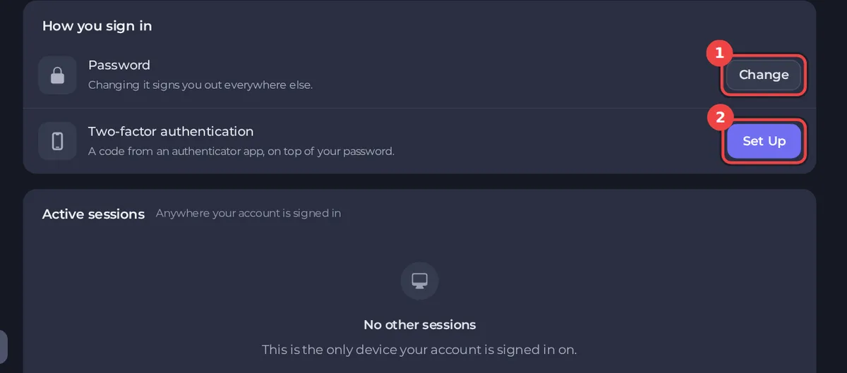 The Security page with the Change button for the password and the Set Up button for two-factor