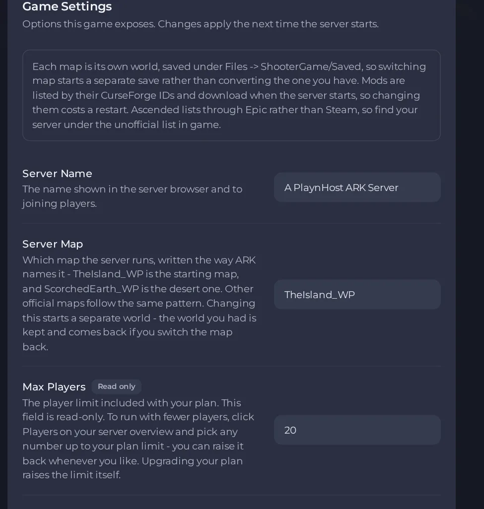 The Game Settings page of an ARK: Survival Ascended server in the panel