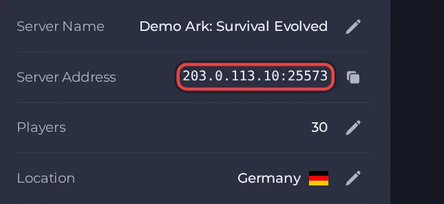 The Server Address row on the Overview page of an ARK: Survival Evolved server