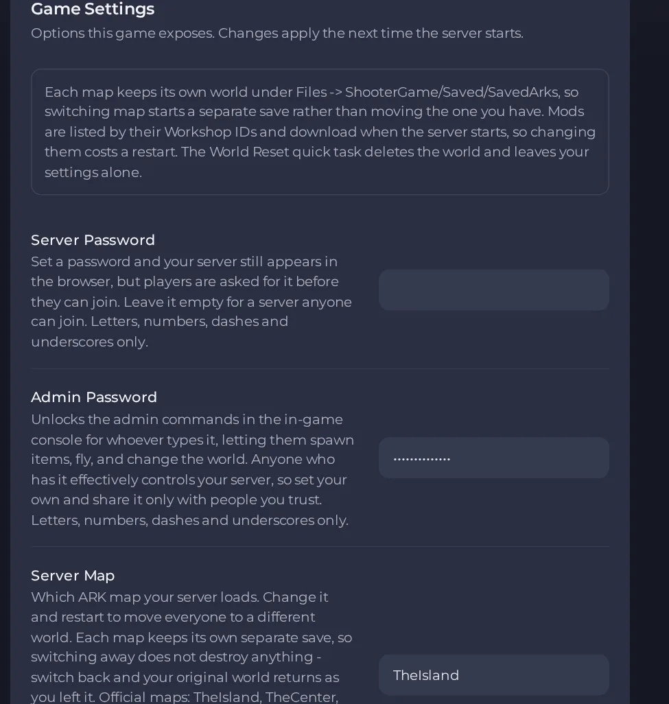 The Game Settings page of an ARK: Survival Evolved server in the panel