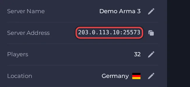 The Server Address row on the Overview page of an Arma 3 server