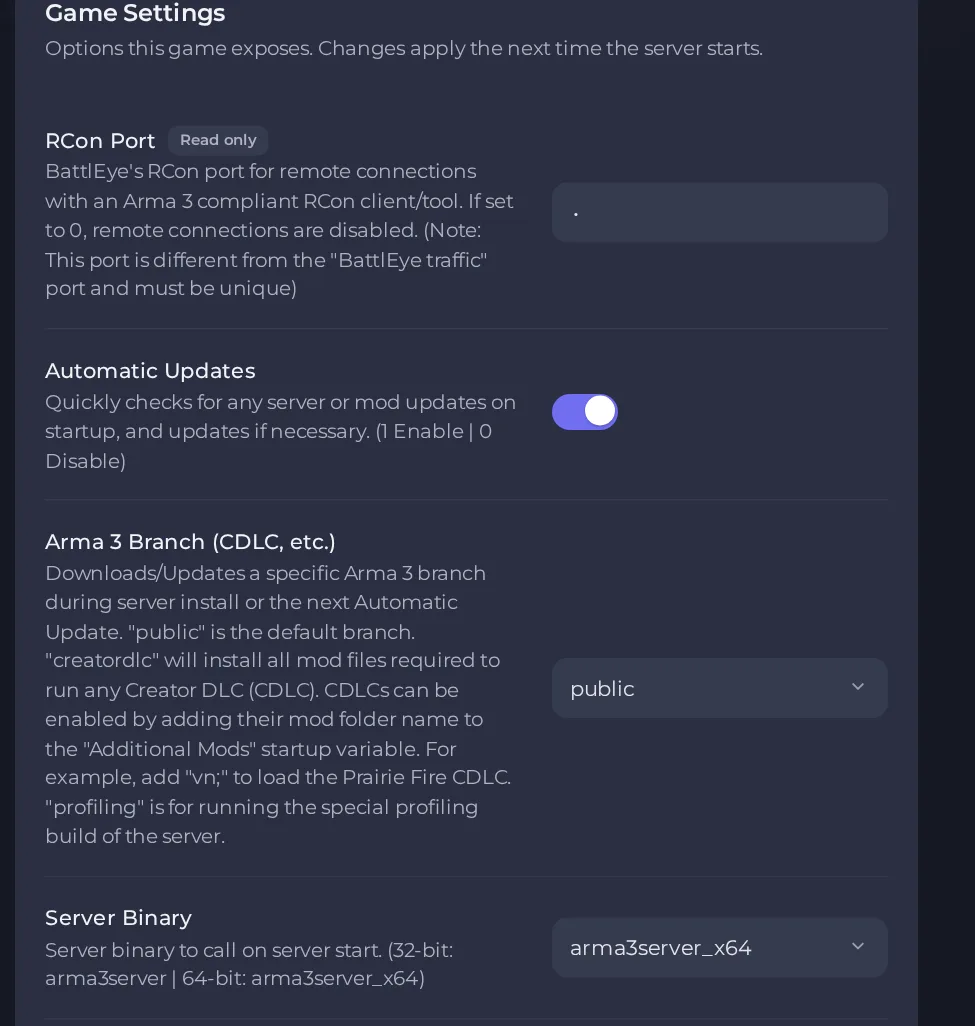 The Game Settings page of an Arma 3 server in the panel