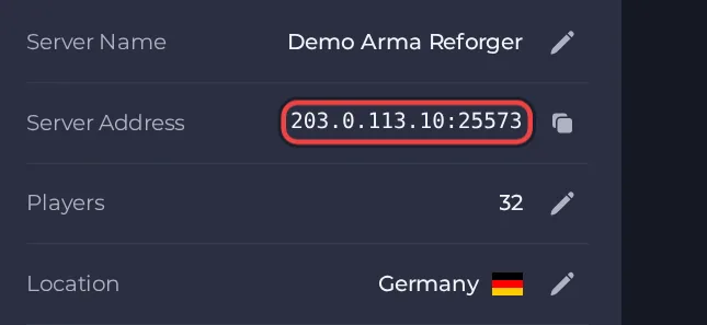 The Server Address row on the Overview page of an Arma Reforger server
