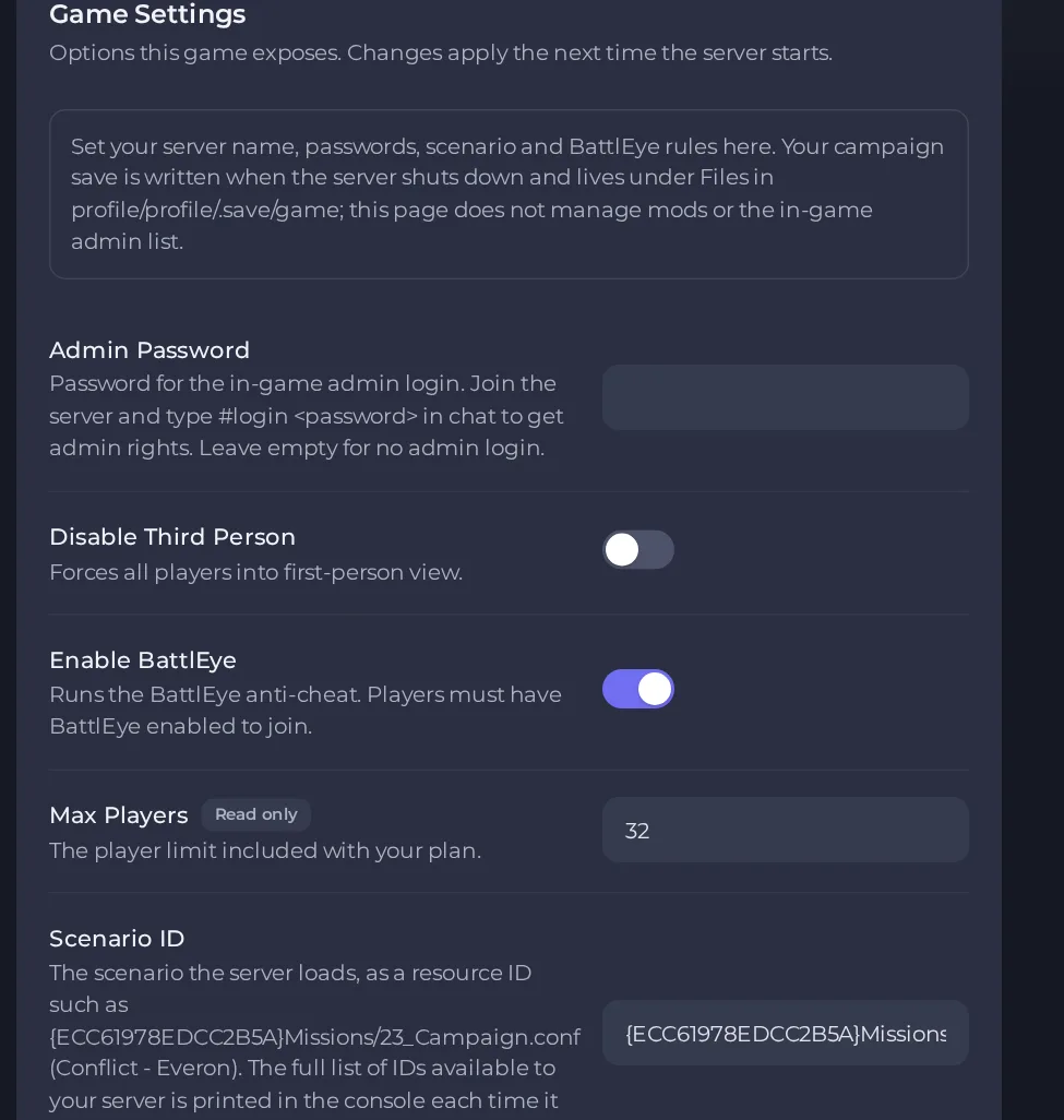 The Game Settings page of an Arma Reforger server in the panel