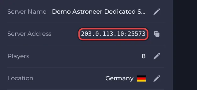 The Server Address row on the Overview page of an Astroneer server