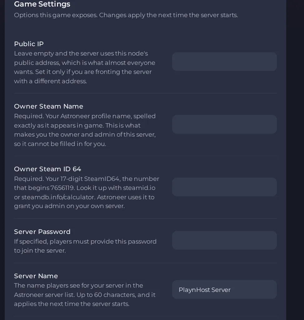The Game Settings page of an Astroneer server in the panel