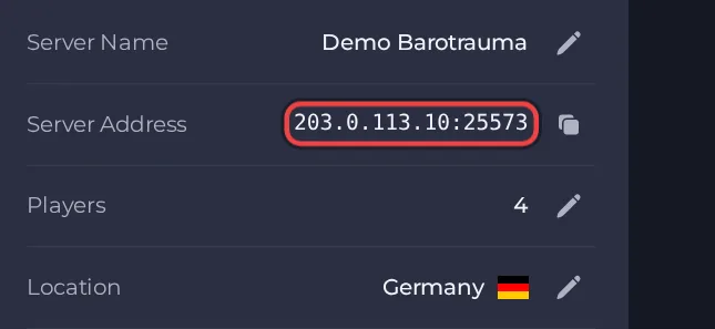 The Server Address row on the Overview page of a Barotrauma server