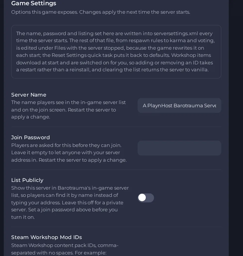 The Game Settings page of a Barotrauma server in the panel