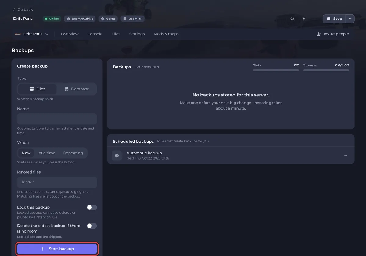 صفحة النسخ الاحتياطية لسيرفر BeamMP
