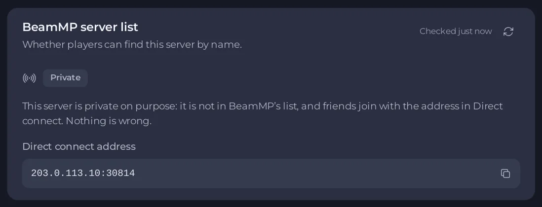 The BeamMP server list card saying Listed with the row players see