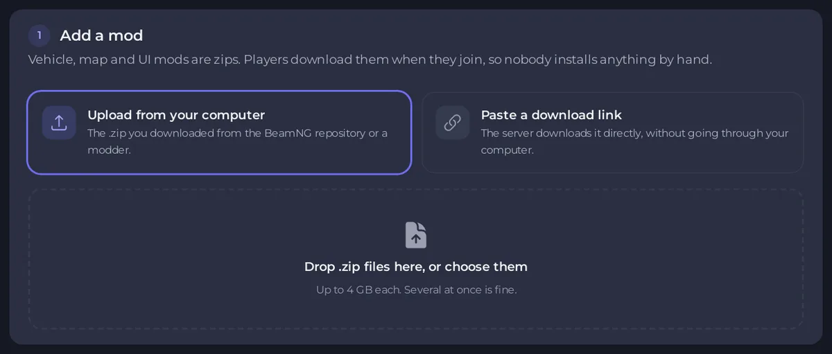 Añadir un mod con Subir desde tu ordenador y Pegar un enlace de descarga