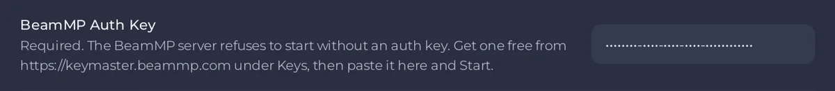 حقل BeamMP Auth Key في إعدادات اللعبة