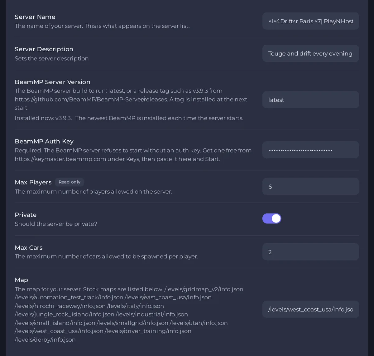 Server Name وServer Description وMap في إعدادات اللعبة