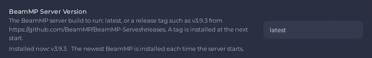 BeamMP Server Version with the installed build note