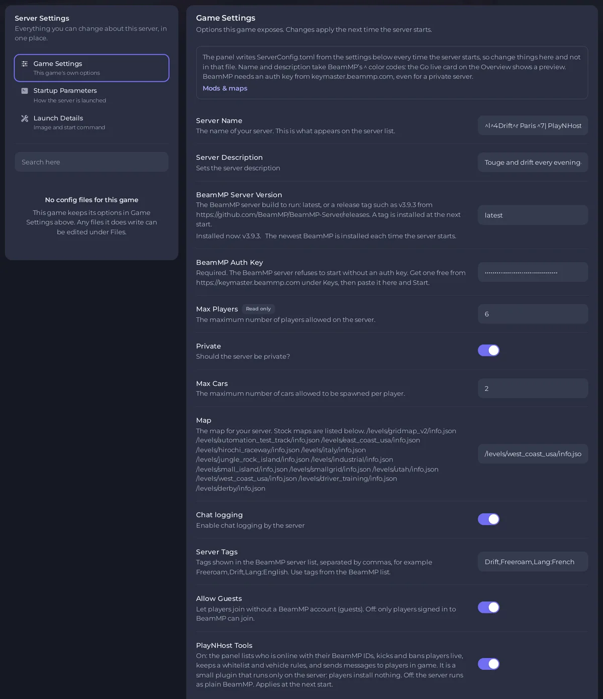 إعدادات اللعبة لسيرفر BeamMP