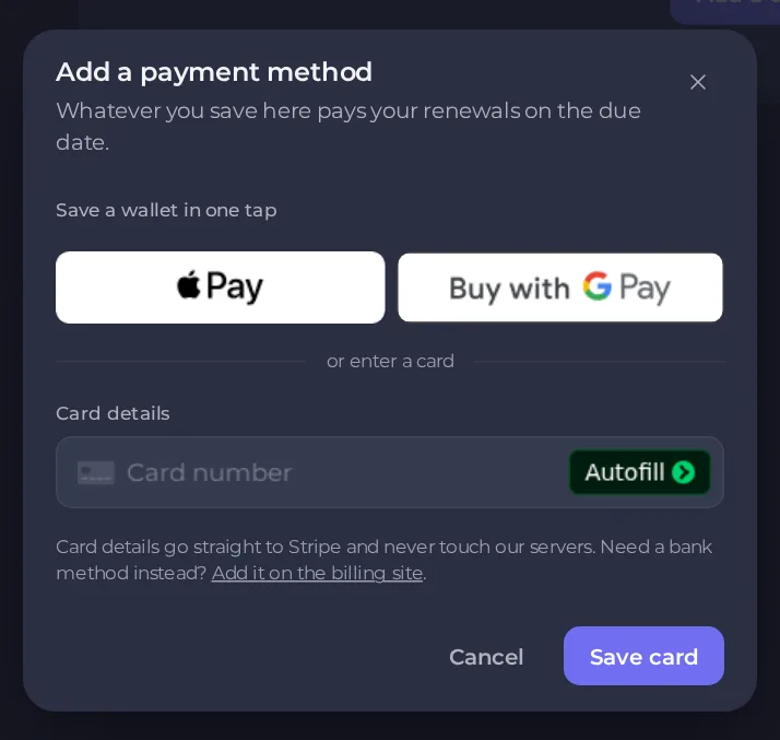 The window for adding a card