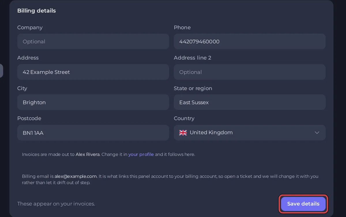 The billing details form with company, phone, address, city, state, postcode and country