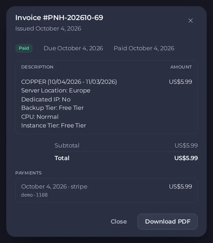A paid invoice with its description, total, payments and the Download PDF button