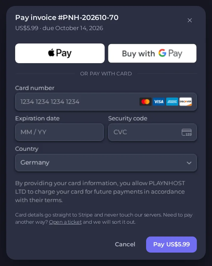 The payment window with Apple Pay and Google Pay buttons above the card fields