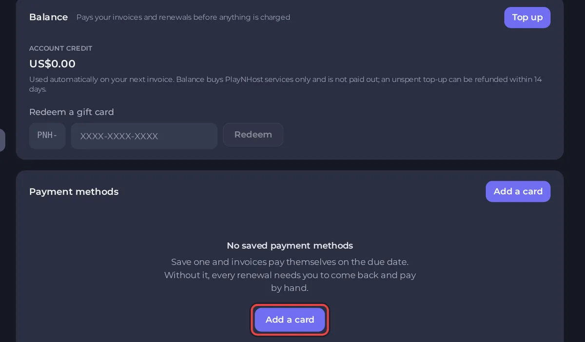 The Payment methods page with account credit and the Add a card button