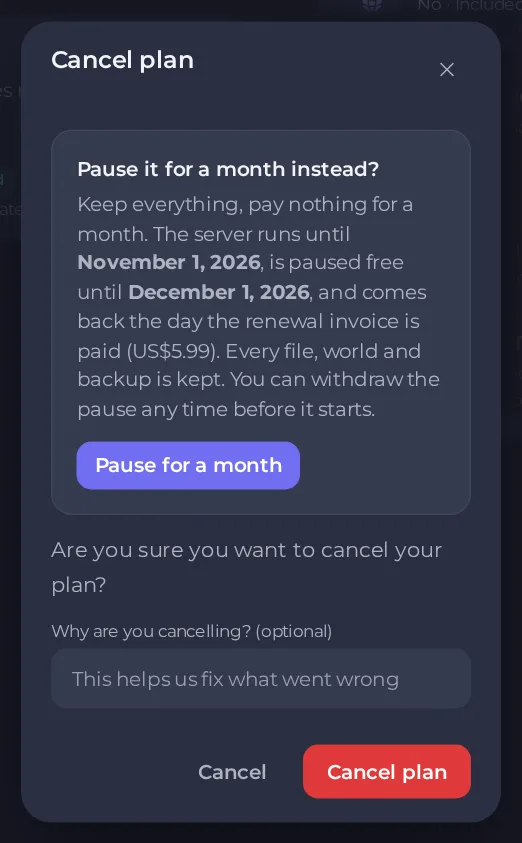The Cancel plan window with the pause offer, the optional reason and the Cancel plan button