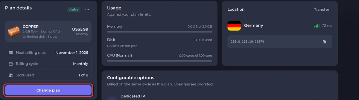The Plan details card with the plan name, price, next billing date and the Change plan button