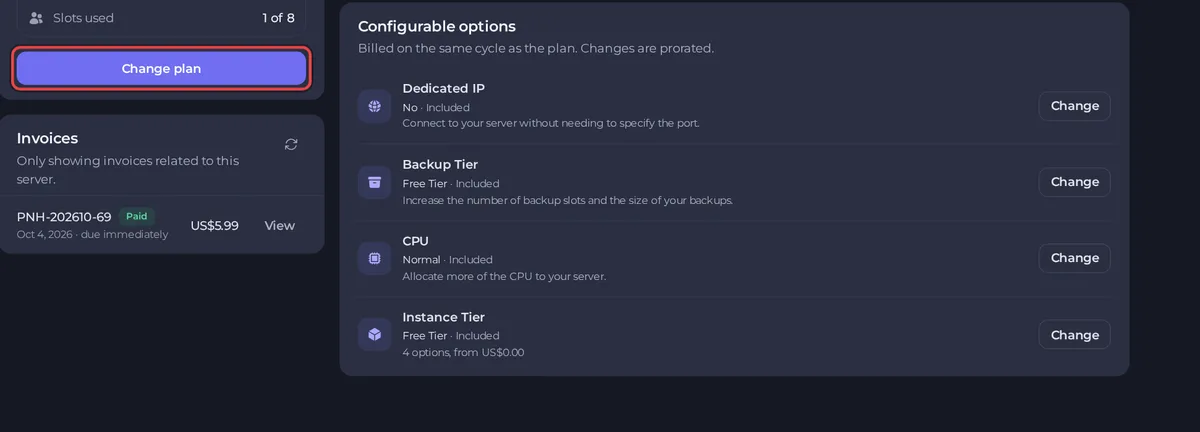 The configurable options list: Dedicated IP, Backup Tier, CPU and Instance Tier, each with a Change button