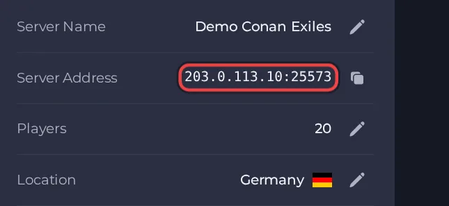 The Server Address row on the Overview page of a Conan Exiles server