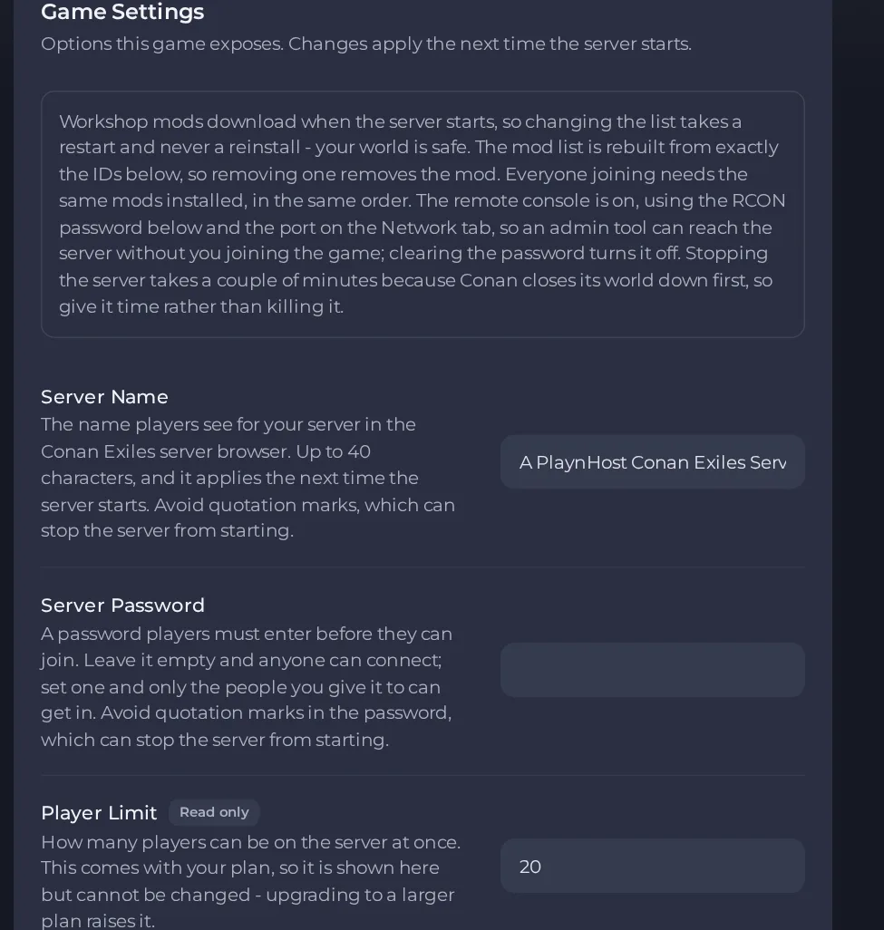 The Game Settings page of a Conan Exiles server in the panel