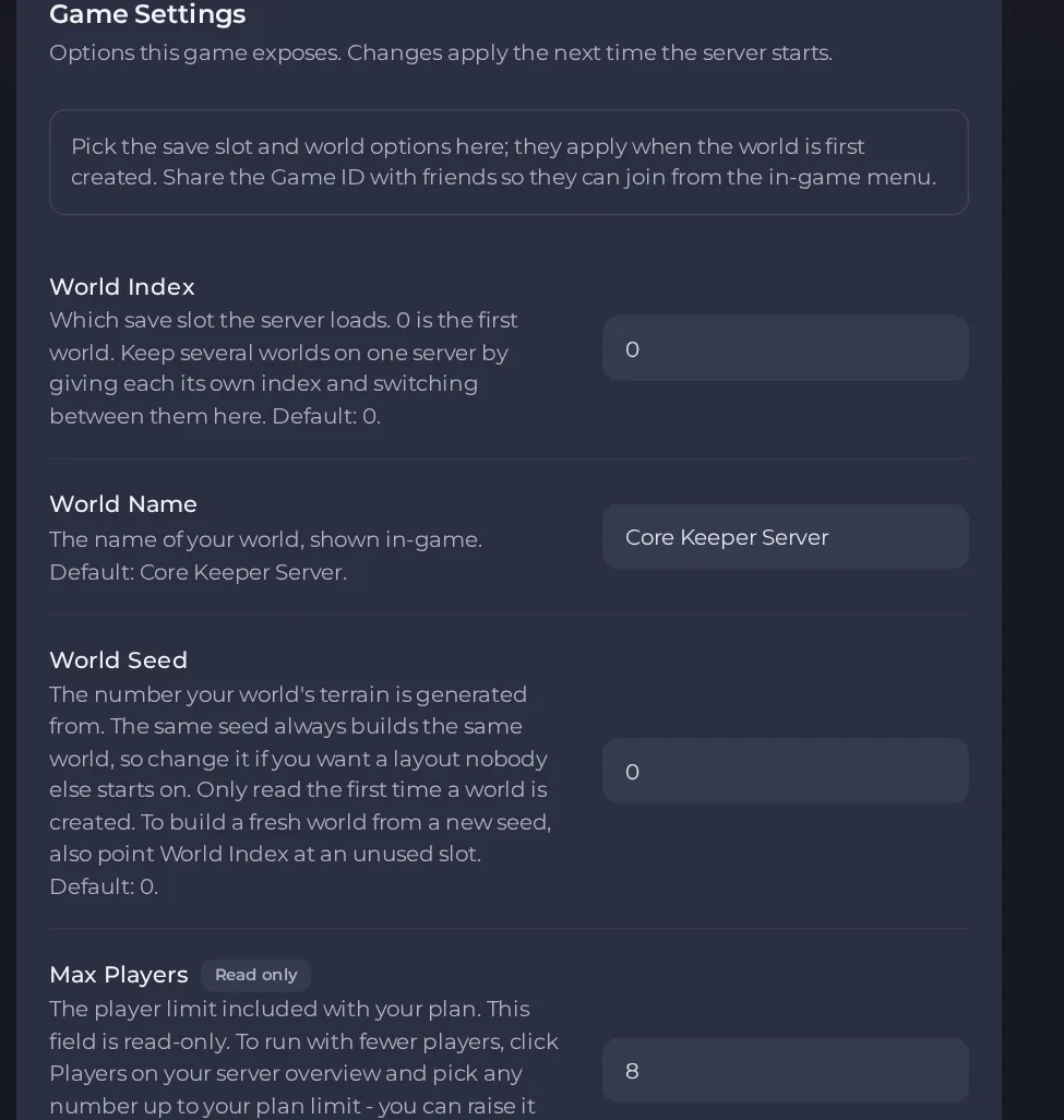 The Game Settings page of a Core Keeper server in the panel