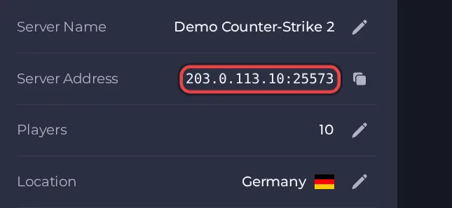 The Server Address row on the Overview page of a Counter Strike 2 server