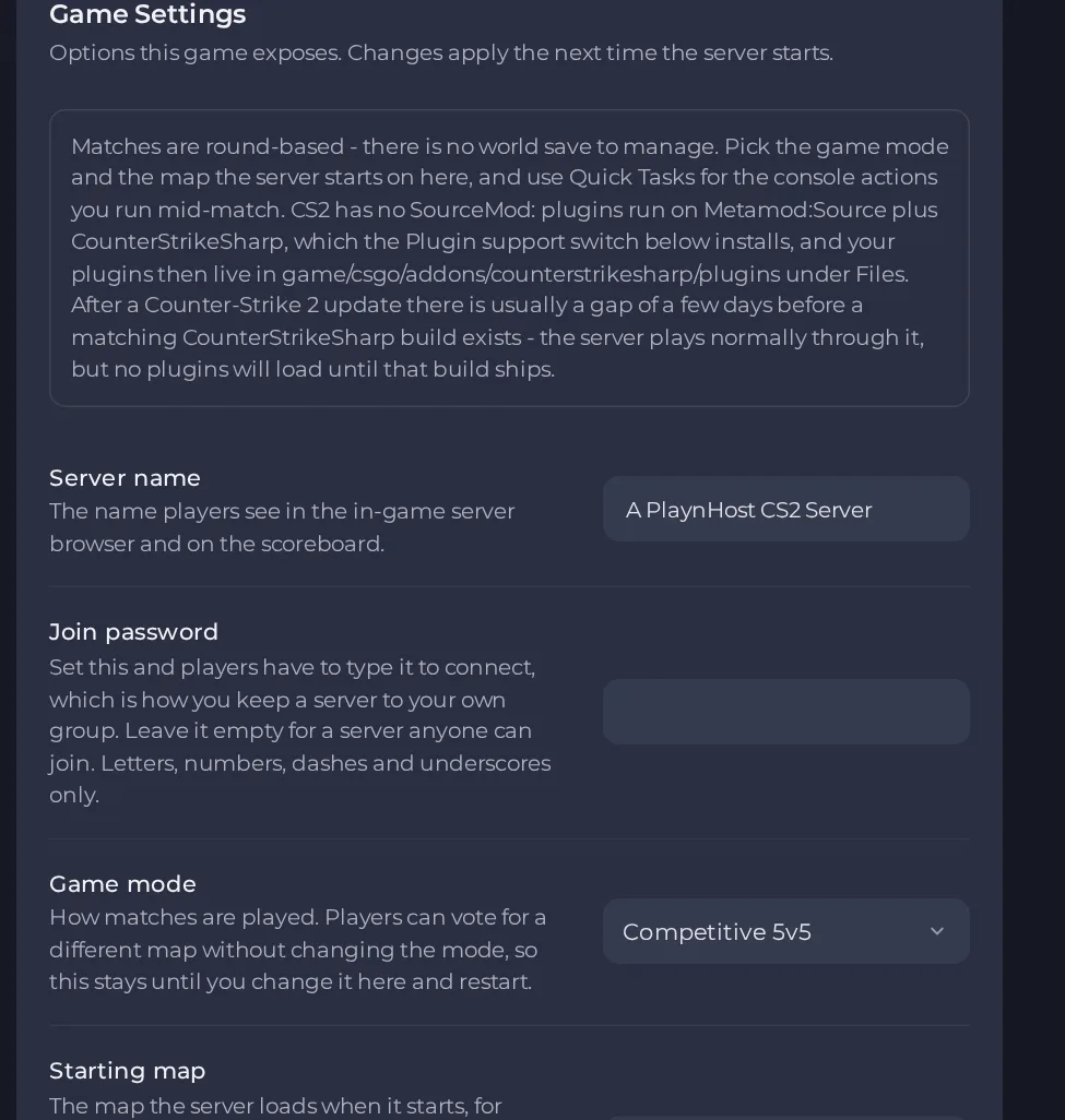 The Game Settings page of a Counter Strike 2 server in the panel