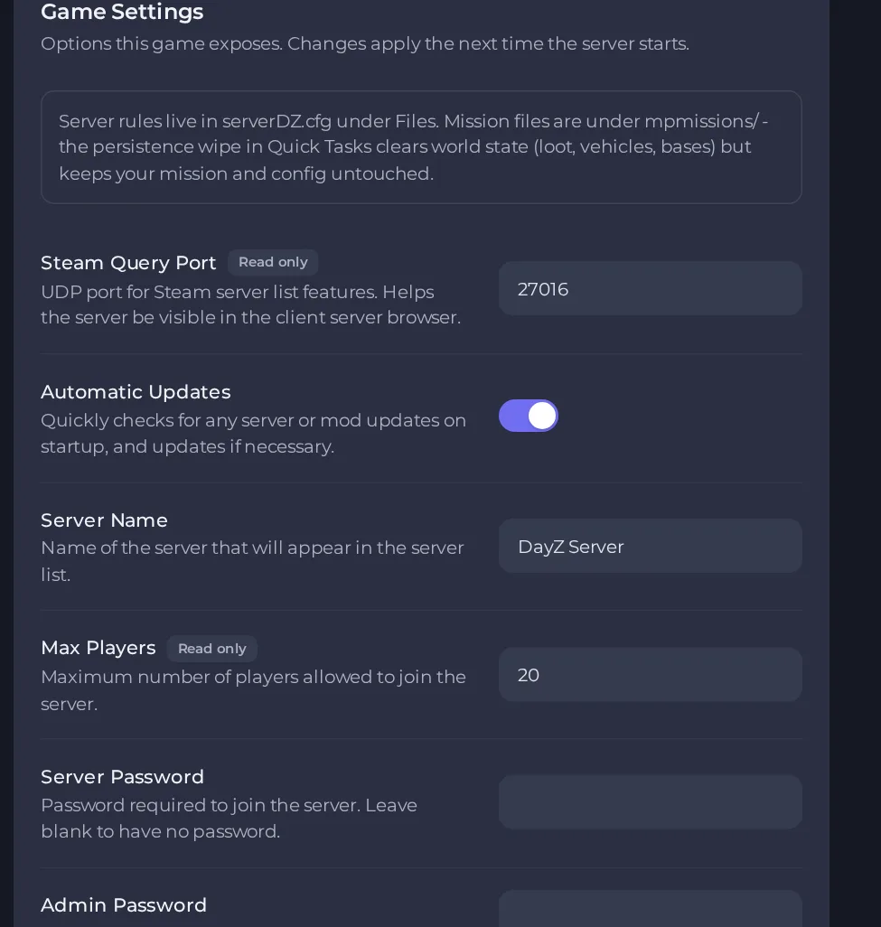 The Game Settings page of a DayZ server in the panel