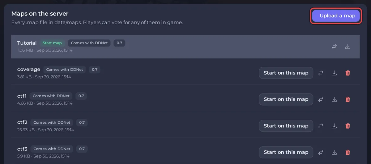 The Maps on the server list with Upload a map