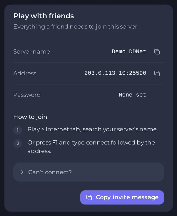 The Play with friends card of a DDNet server with name, address and steps