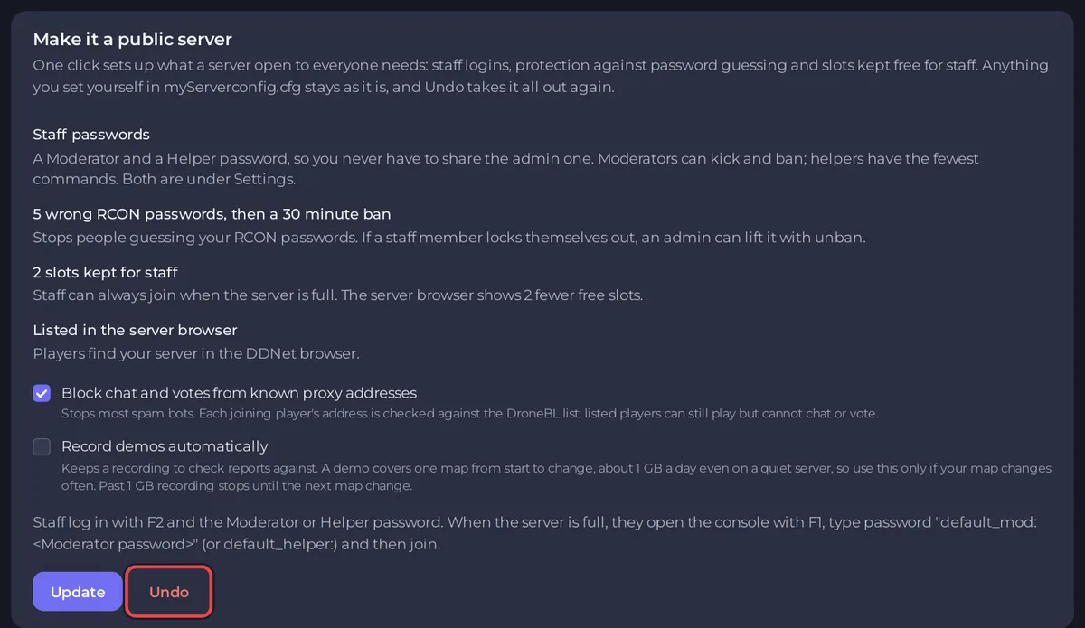 The Make it a public server card after the preset was applied, with Undo