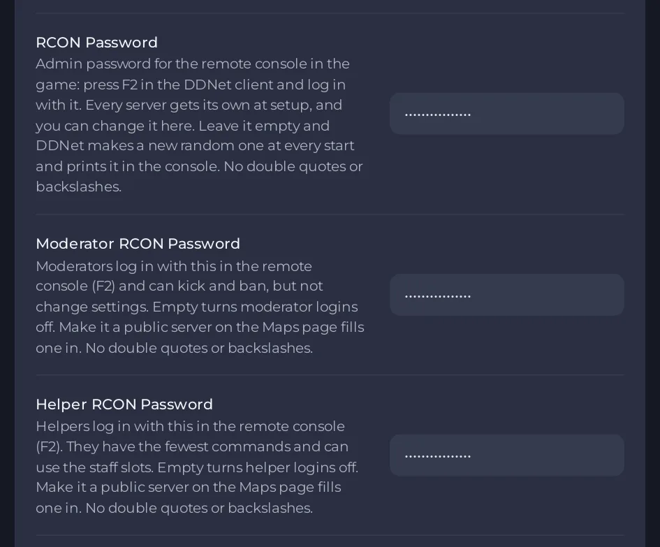The RCON passwords on Game Settings