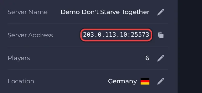 The Server Address row on the Overview page of a Don't Starve Together server