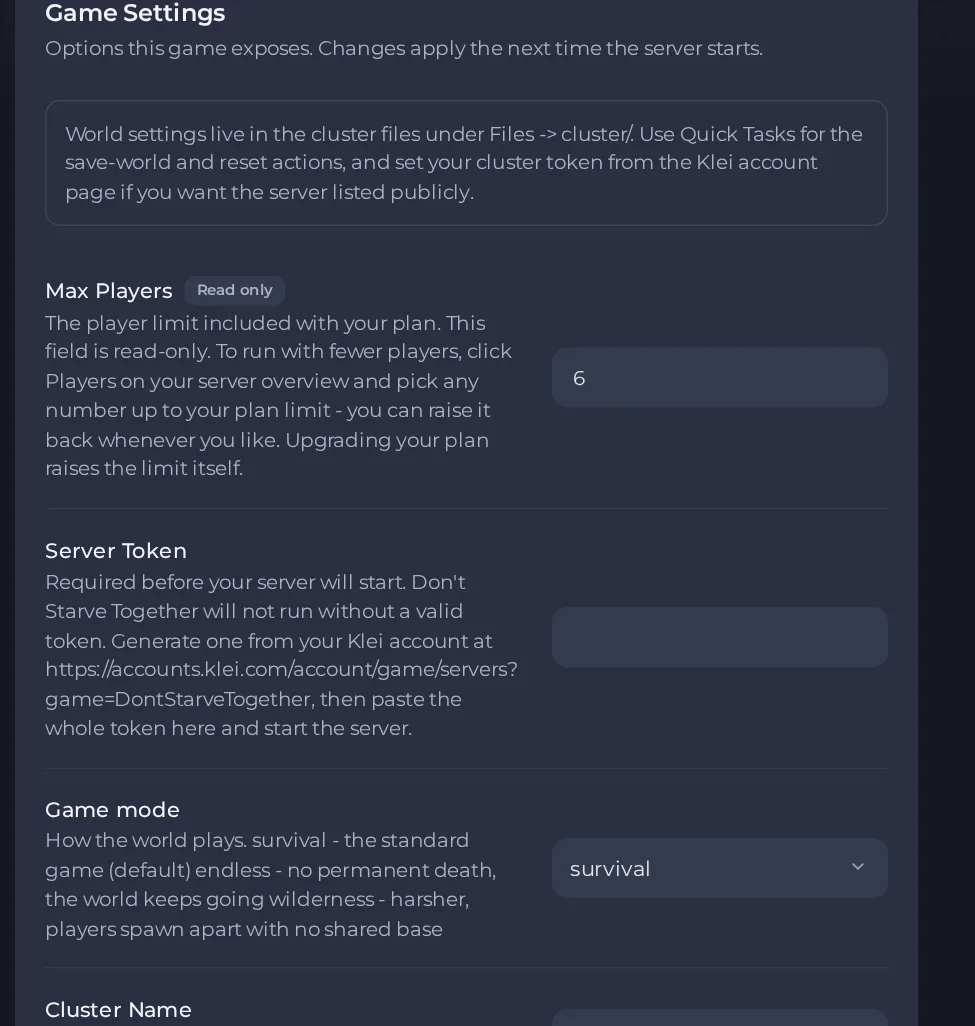 The Game Settings page of a Don't Starve Together server in the panel